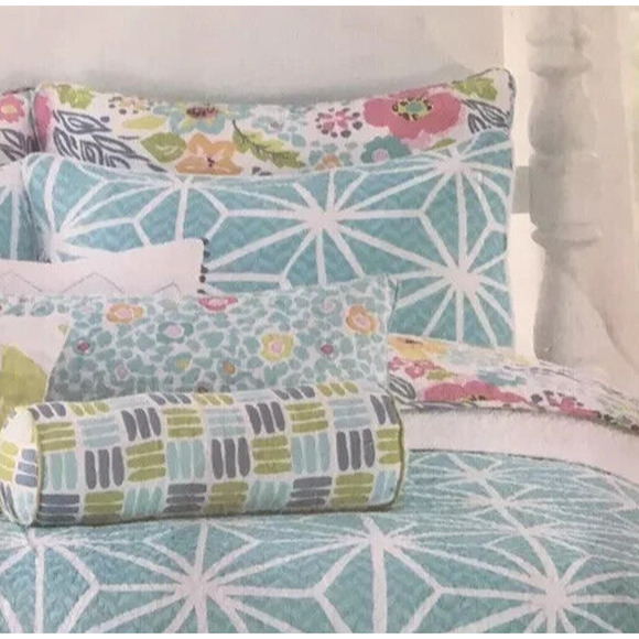 Sanibel Home Pillow Shams (2) Set Standard Turquoise Geometric Quilted Tie Back - Picture 1 of 9